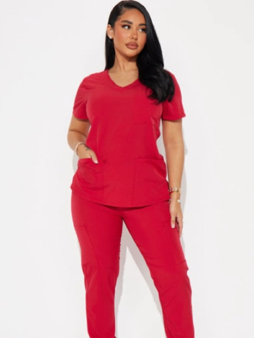 Classic V-Neck Red Women's Scrub Top and Pant Set